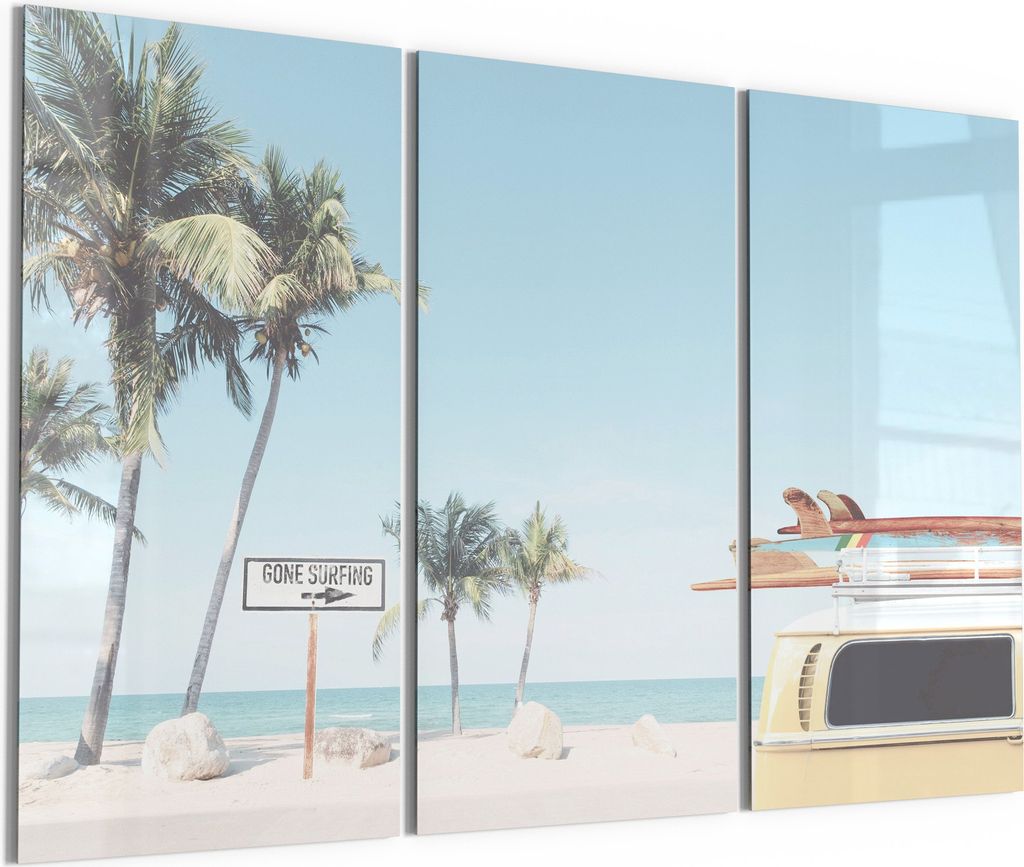 DEQORI Glasbild Echtglas 3x50x100 cm 'Wellenreiter Auszeit' Wandbilder XXL groß