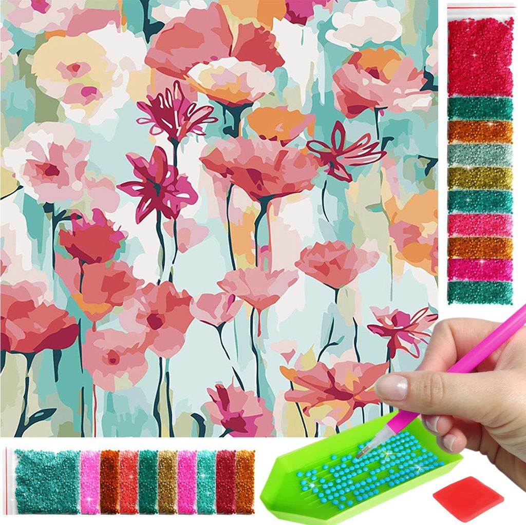 ARTULIO - Diamond Painting Set - Abstrakte Blumen in Pastellfarben - 30 x 30 cm - Bilder DIY, Crystal Art