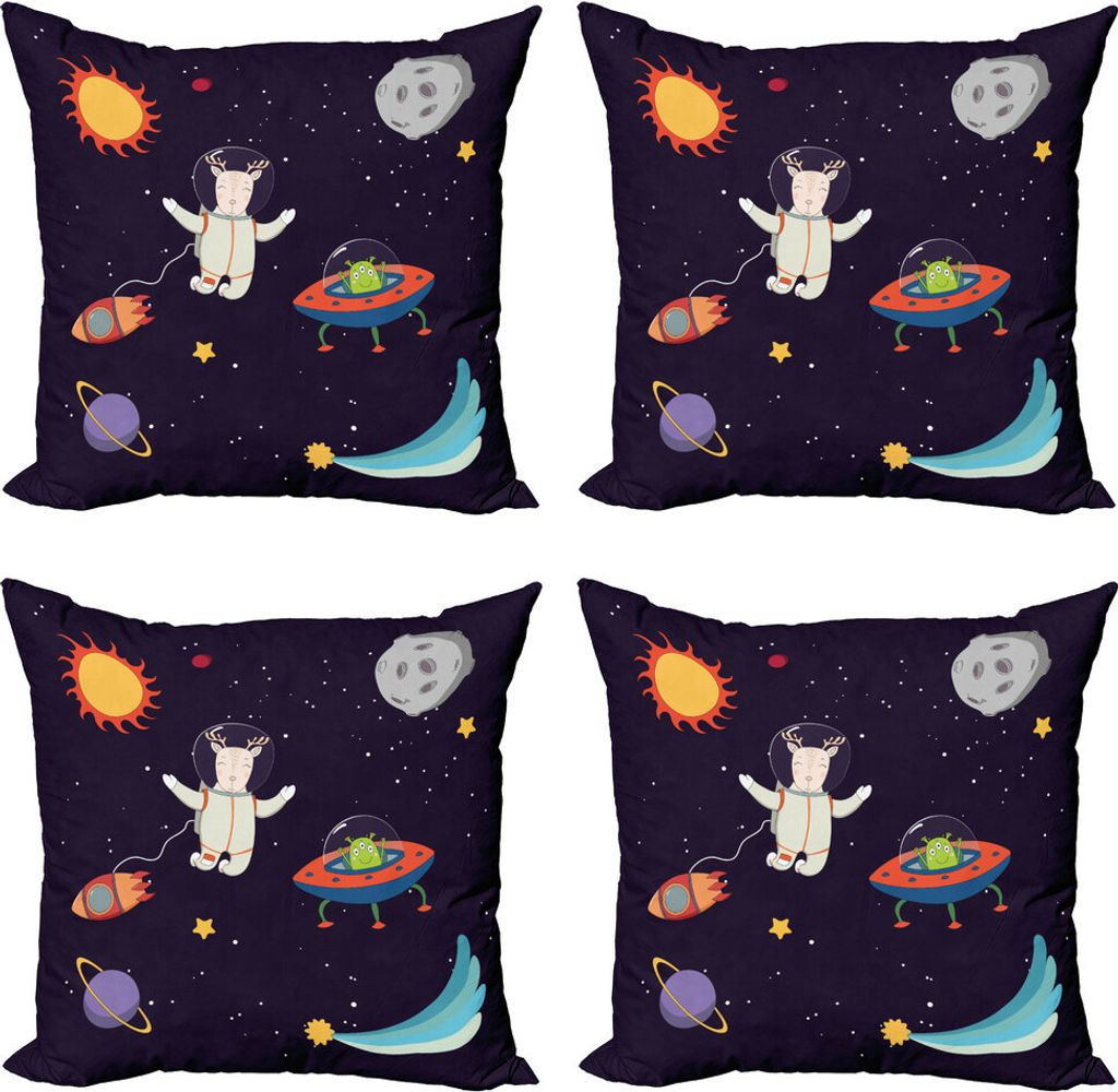 ABAKUHAUS Erkunden Kissenbezug Set (4 Stück), Astronaut Deer in Space, Moderner Doppelseitiger Digitaldruck, 60 cm x 60 cm, Mehrfarbig
