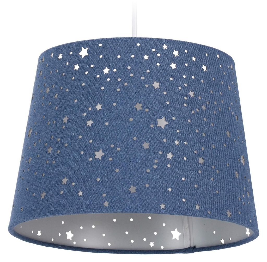 Relaxdays Kinderzimmerlampe Sterne, hängende Schirmlampe für Jungen, Sternenhimmel Motiv, E27, runder Stoffschirm, blau