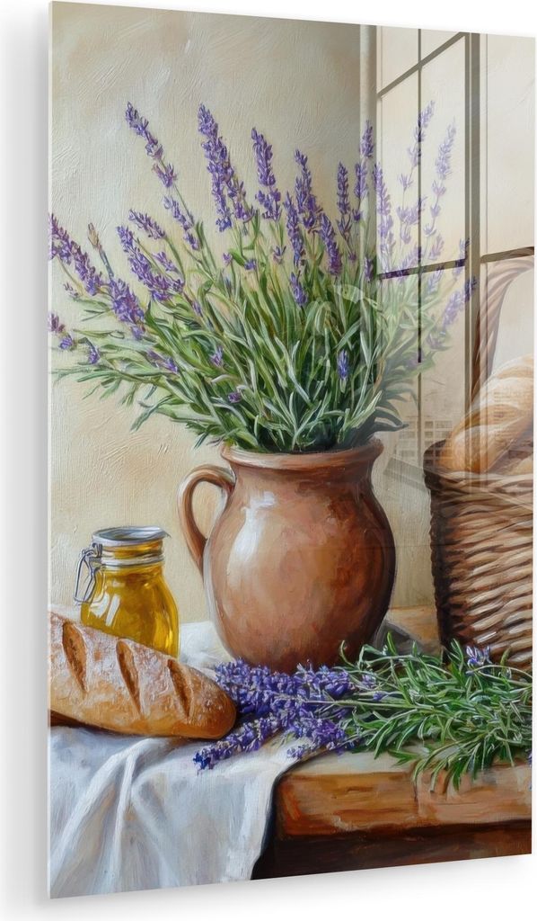 MuchoWow Glasbilder - Bilder auf Wandbild - Foto auf Glas Lavendel - Brot - Stilleben 40x60 cm Wanddekoration aus Glas - Acrylglasbild - Acrylbilde...