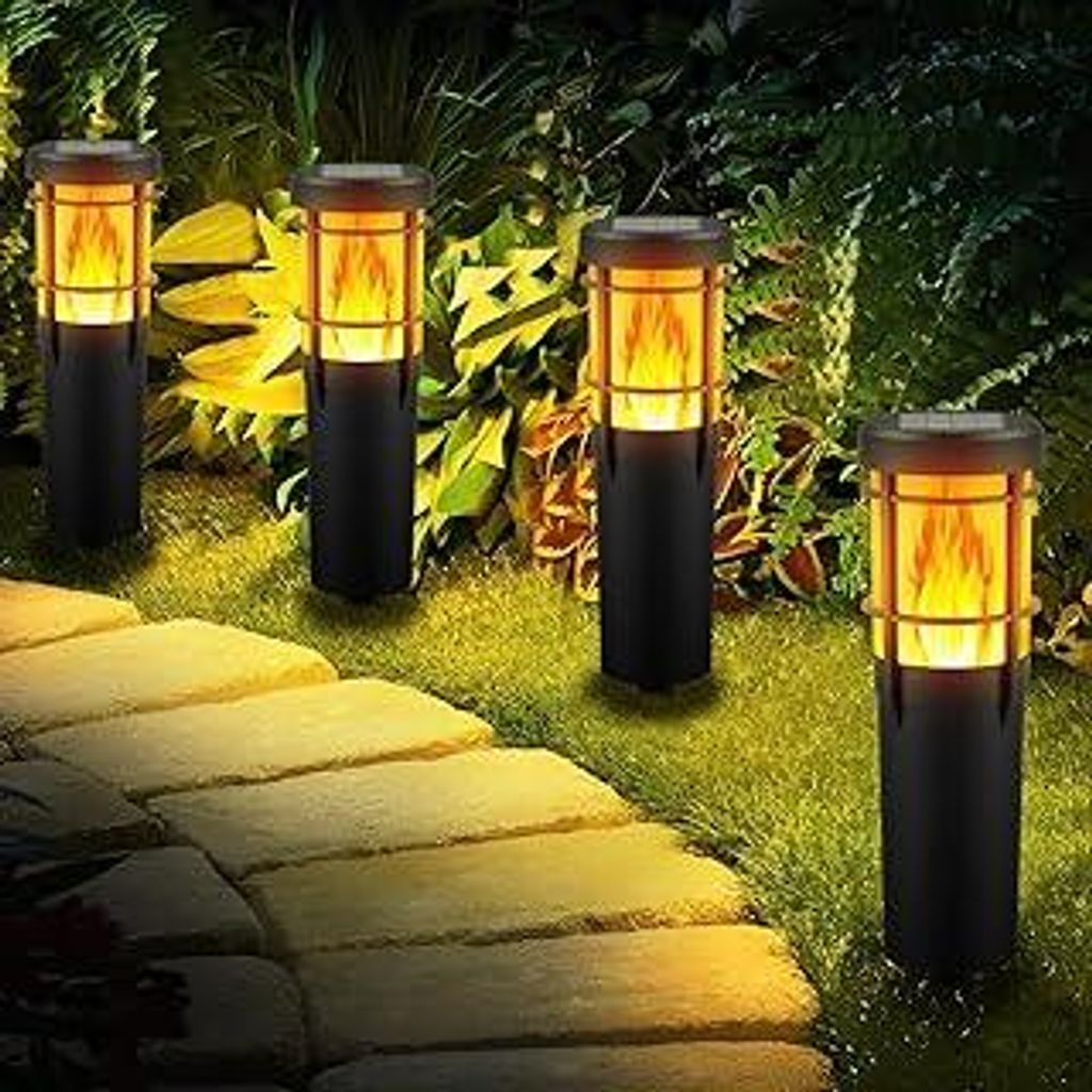Solarlampen für Außen 4 Stück Solarfackeln mit Realistischer Flammeneffekt RGBW Solarleuchten mit 2 Beleuchtungsmodi IP65 Wasserdicht Gartenfack...