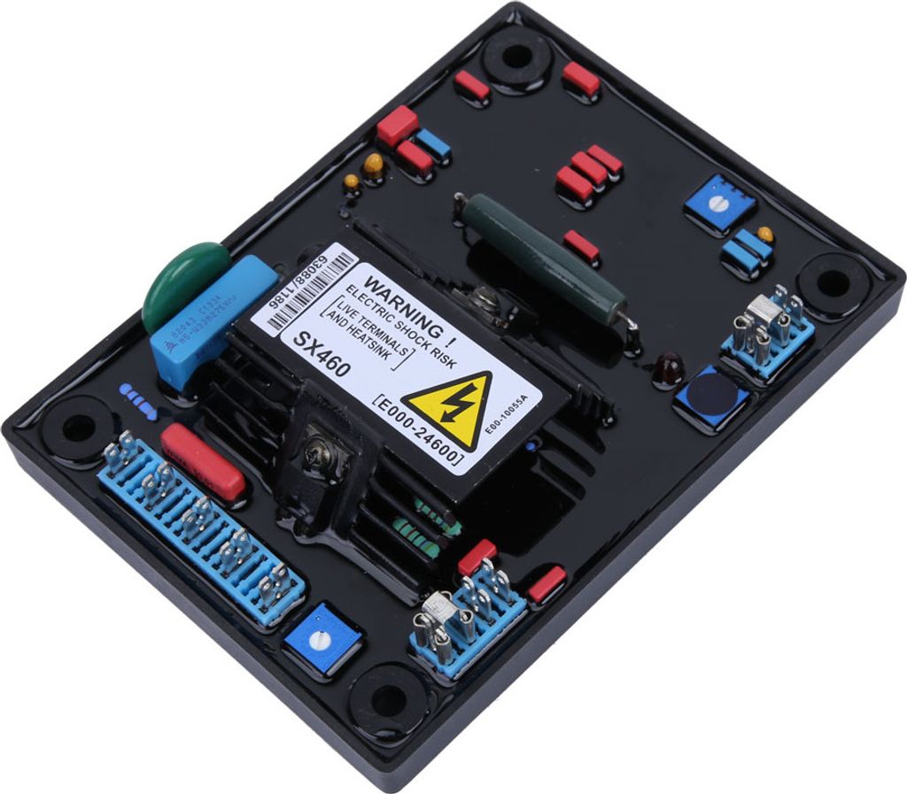 A black electronic circuit board with various components and a warning label.
