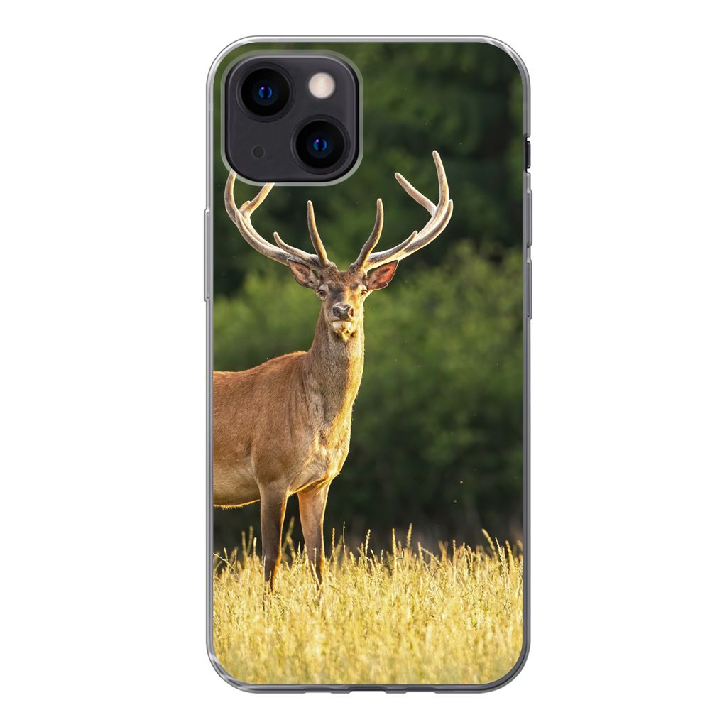 MuchoWow Handyhülle Schutzhülle Hülle für iPhone 13 mini Hirsch - Geweih - Gras - Natur - Tiere - Grün Silikon Softcase Handy Hülle - Softcase