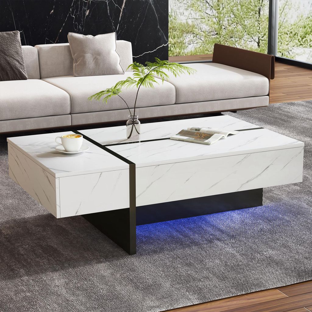 Fortuna Lai Moderner weißer Couchtisch mit LED-Beleuchtung, Marmormuster, Hochglanz Tischplatte - 105*60*35cm - Unregelmäßiges Design Couchtisch...