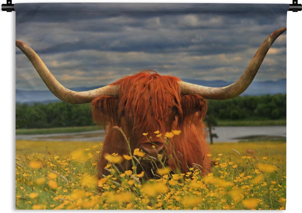 MuchoWow Wandteppich Wandbehang Schottischer Highlander - Tiere - Blumen 60x45 cm Tapisserie Dekoration Wandtuch - Das Schlafzimmer
