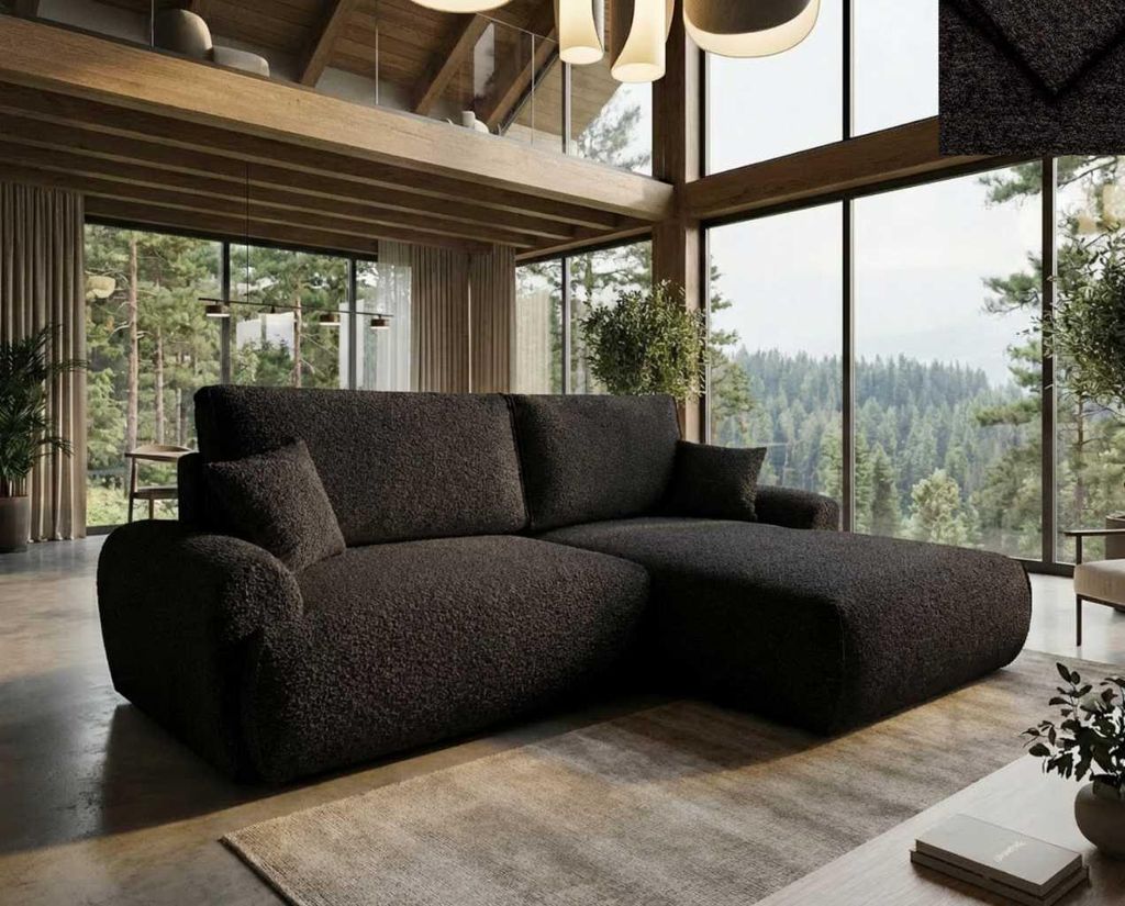 Ecksofa Malvito Nordelo mit Schlaffunktion und Bettkasten, Universal L/R, Stoff ARENA Bouclé - 19 Schwarz, 260 cm