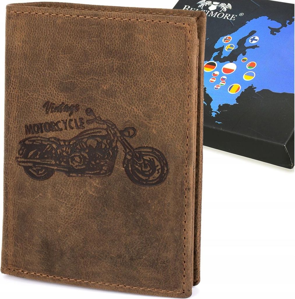 Elegante Herren-Geldbörse aus Leder mit RFID-Schutz, Vintage-Braun, groß, vertikal, Motorrad-Design
