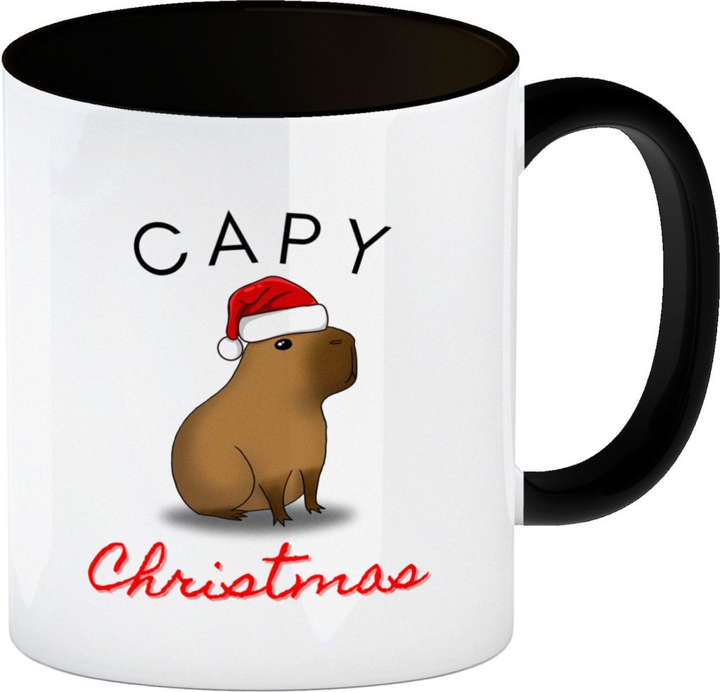 Weihnachts-Capybara Kaffeebecher in schwarz mit Spruch Capy Christmas