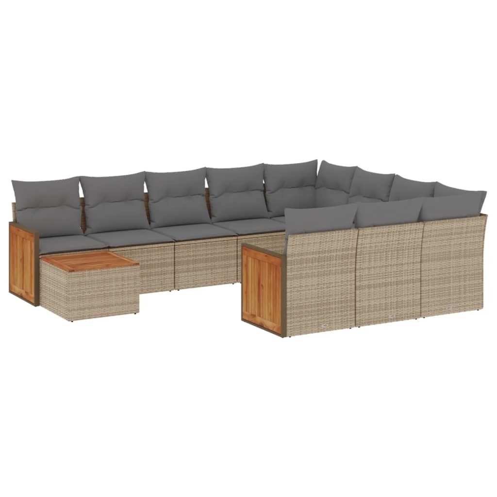 vidaXL 11-tlg. Garten-Sofagarnitur mit Kissen Beige Poly Rattan