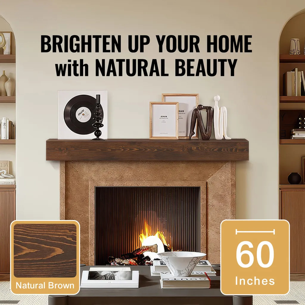 Poutre de Cheminée 60" Artisanale en Bois Brun Supportant 50 Livres