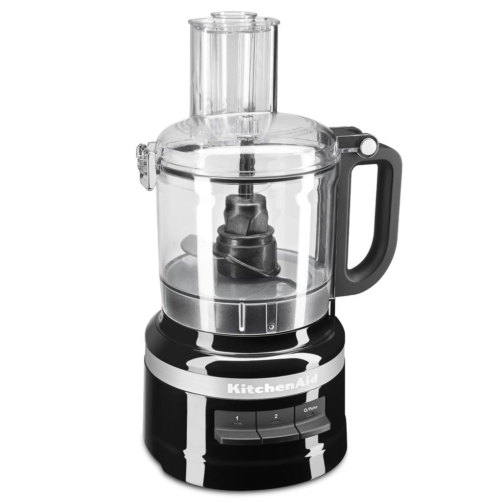 A black KitchenAid food processor is shown against a white background.