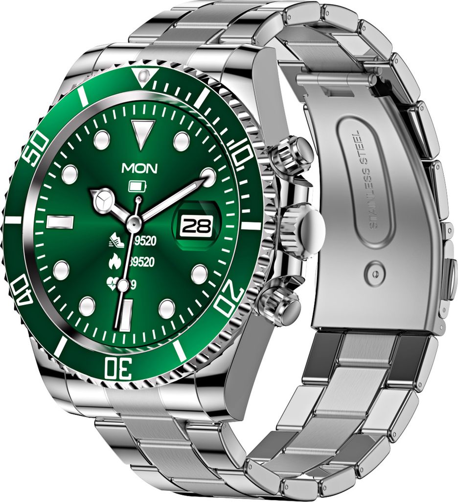 A close-up studio shot of a smartwatch with a green face and a silver metal band.