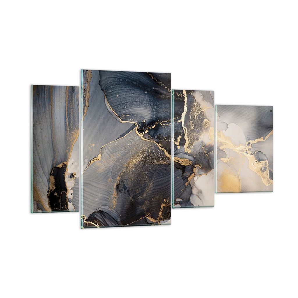 Bilder auf glas - 4 Teile - Dunkel Abstraktion Gold - 120x70cm - Glasbilder - Wandbilder - Bilder - zum Aufhängen bereit - Wanddekoration aus Glas...