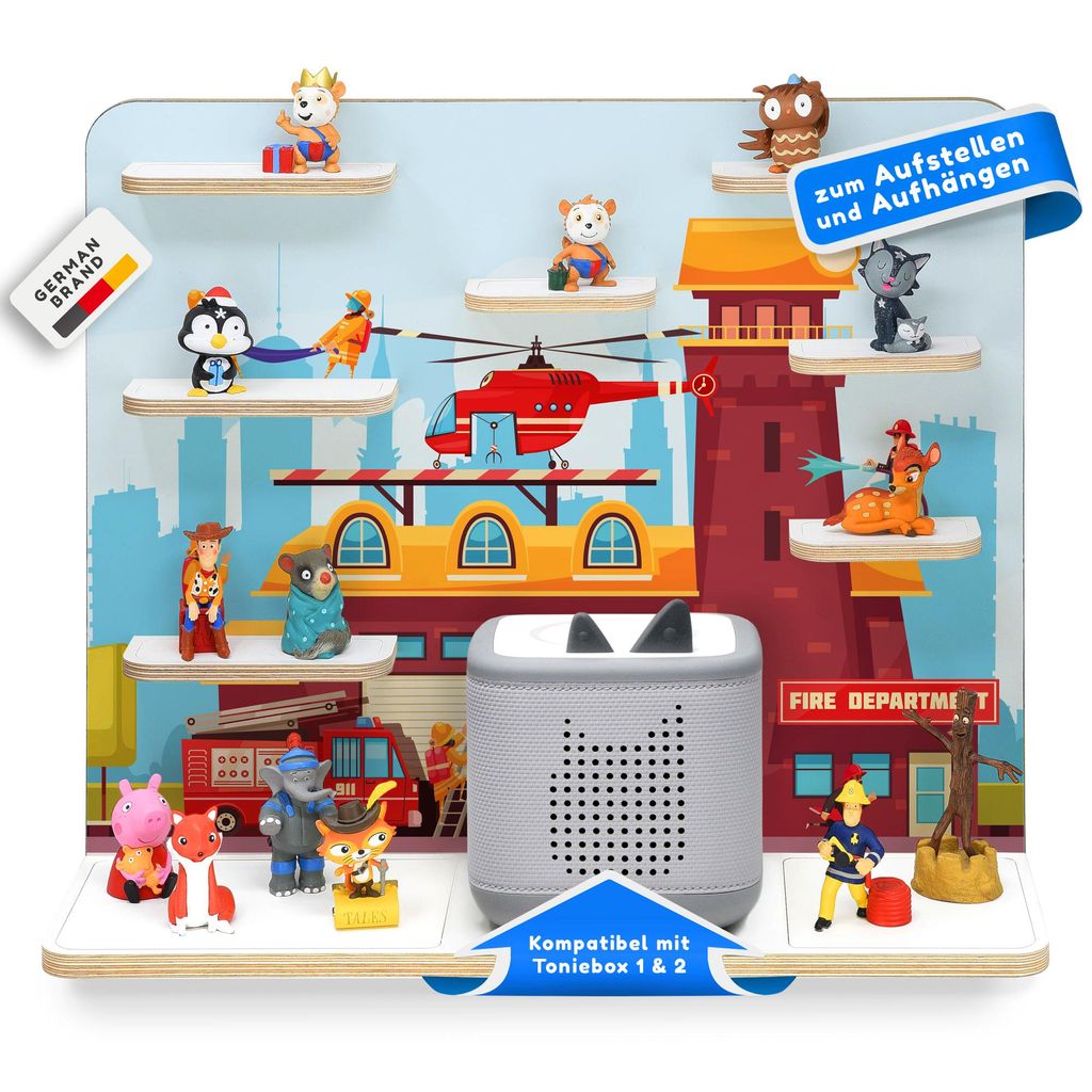 stadtecken Kinder Regal für Musikbox I Geeignet für die Toniebox 1 & 2 und Tonies I Hörspiel I zum Aufstellen oder Aufhängen I Feuerwehr