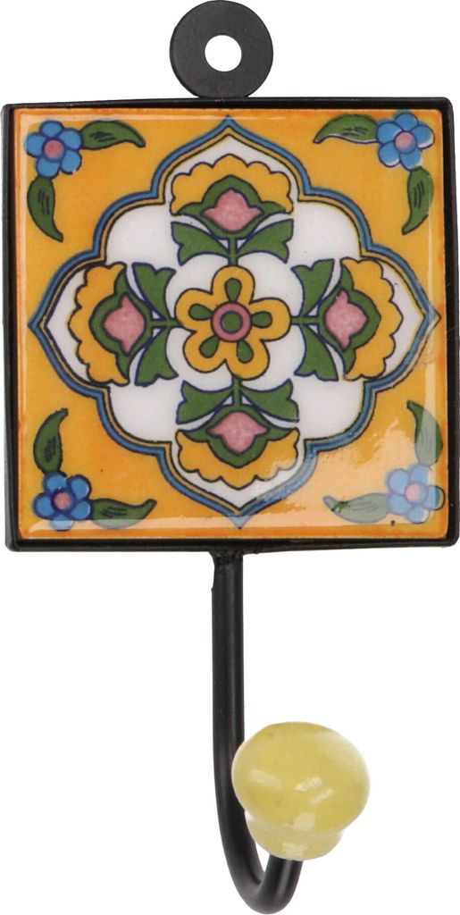 Wandhaken, Garderobenhaken mit Handgefertigter Fliese, Kleiderhaken (7,5*7,5 cm) - Modell 3, Gelb, Keramik,Metall, Wandhaken aus Holz, Metall & Ker...