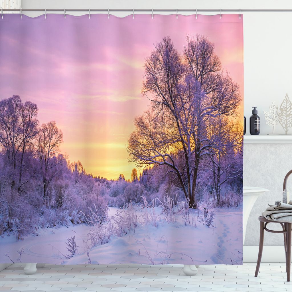 ABAKUHAUS Wald Duschvorhang, Landschaft mit Sonnenuntergang, Set inkl.12 Haken aus Stoff Wasserdicht Bakterie und Schimmel Abweichent, 175 x 180 cm...