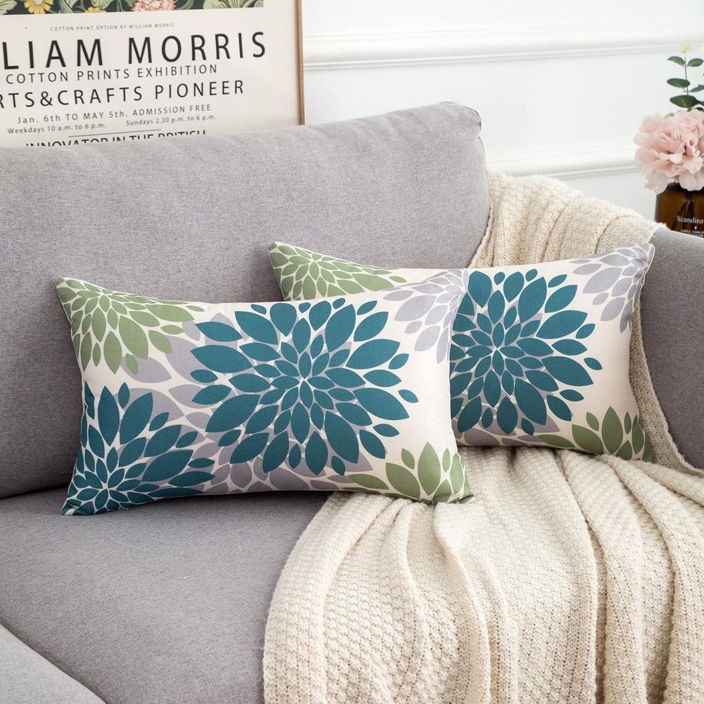 Kissenbezug 30 x 50 cm, blaugrünes und graues Blumenmuster, dekorativer Kissenbezug für Sofa, Wohnzimmer, Schlafzimmer