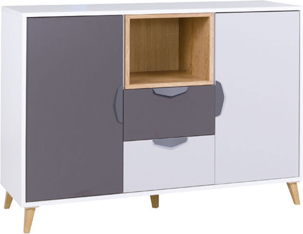 MIRJAN24 Kommode Joker 08, Kinderzimmer Highboard, Stilvoll Sideboard (Weiß / Graphit + Grau + Lefkas Eiche)