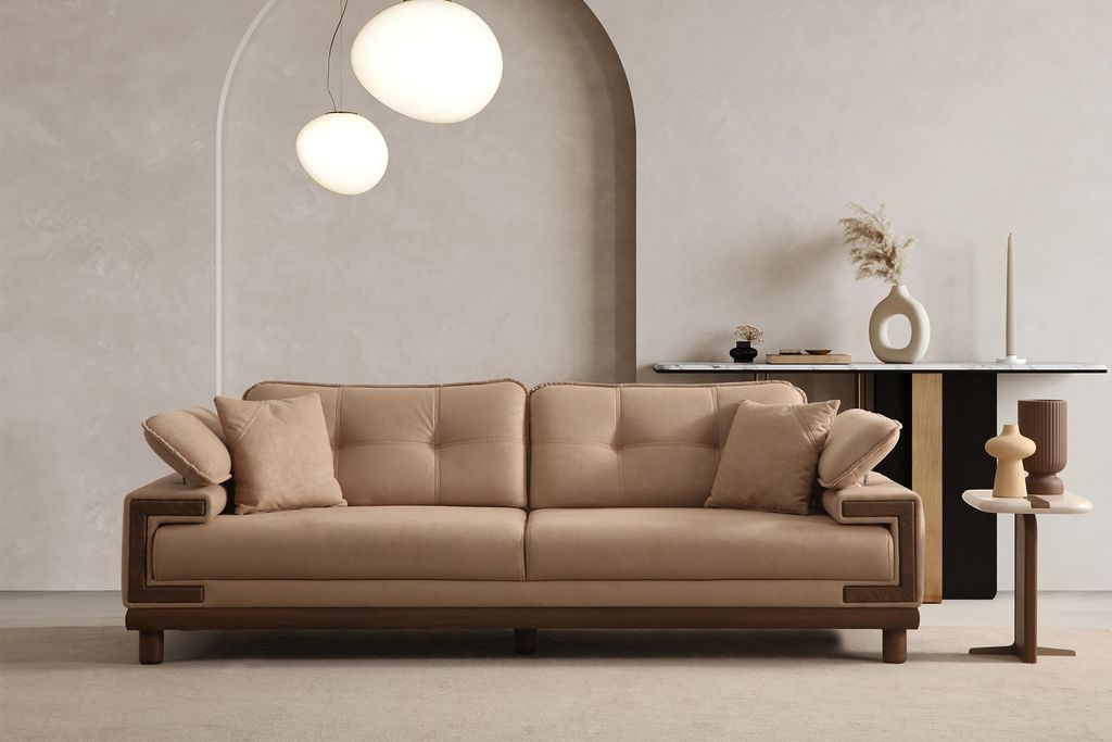 Moderne Wohnzimmer Couchgarnitur Designer 3-Sofa Holz Beistelltisch