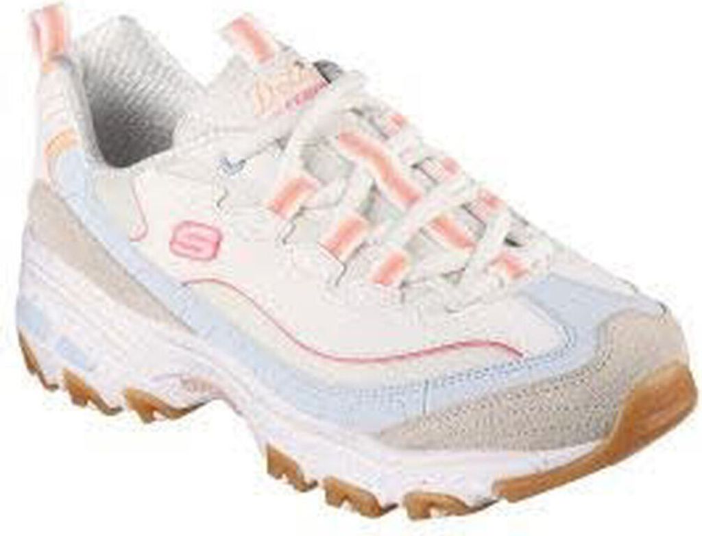 A single white athletic shoe with pink and blue accents.