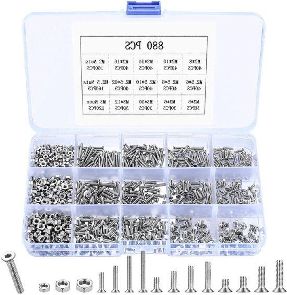 Schrauben- und Mutternsortiment 880-teilig M2 M2,5 M3 Edelstahl