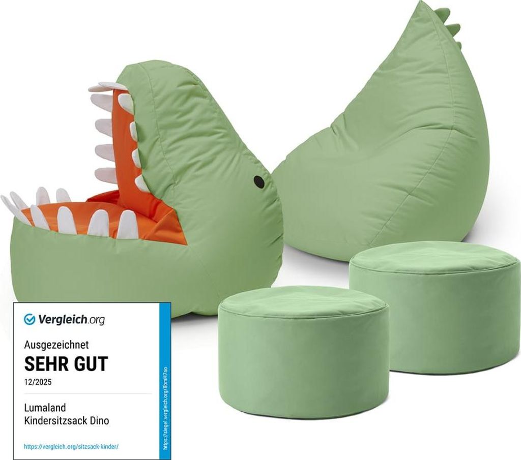 A set of children's beanbag chairs shaped like dinosaurs, with two poufs, on a white background.