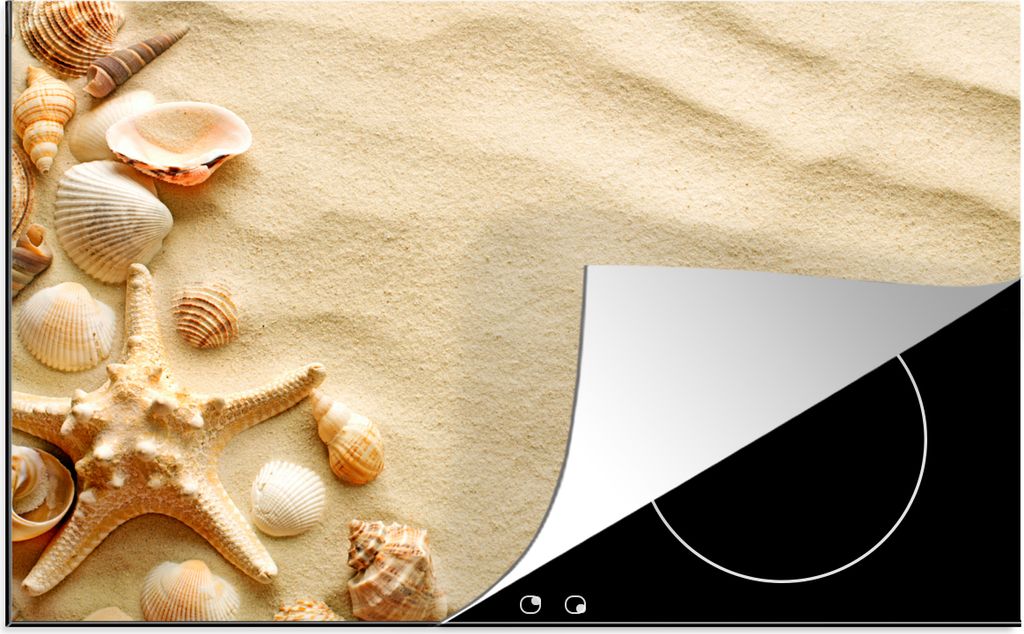 KitchenYeah Herdabdeckplatte Muscheln - Sand - Strand , 81x52cm, Küche Deko, Glaskeramikfeld Herdabdeckung, Abdeckplatte fùr Kochfeld