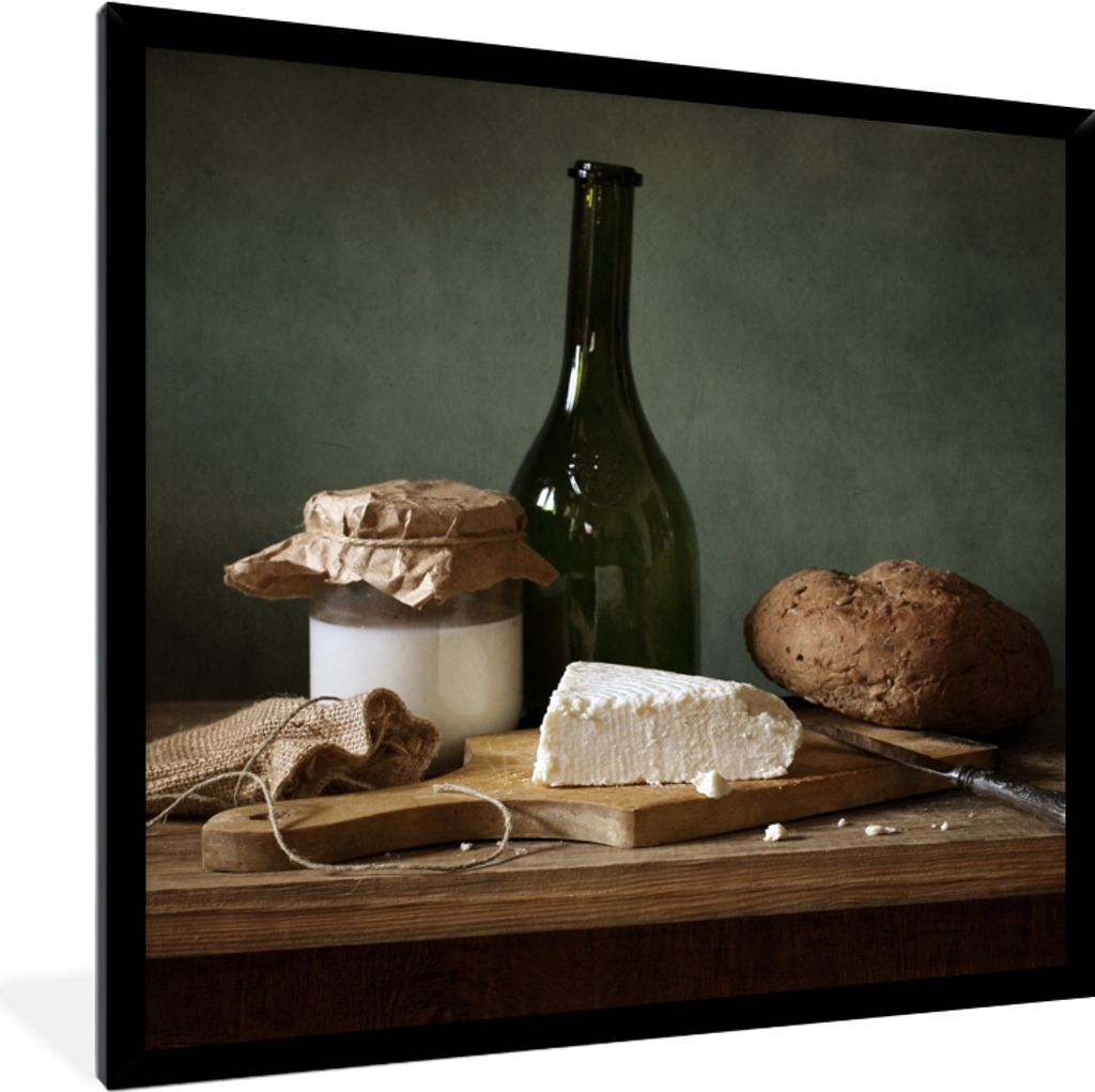 MuchoWow Gerahmtes Poster Rustikal - Brie - Stillleben - Flasche - Brot 40x40 cm - Poster mit Schwarzem Bilderrahmen Wandposter Rahmen Foto Bilde...