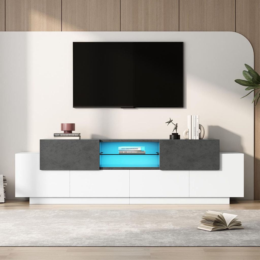 TV-Schrank mit Glasböden und Lagerung TV-Tisch TV-Ständer TV-Schranktisch für 80/75/70/65/55 Zoll TVs Weiß+Grau