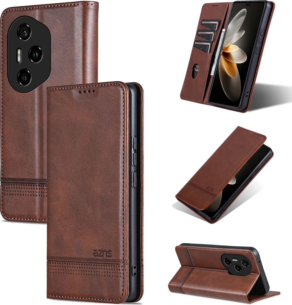 Leder Hülle für Honor 300 Pro, Klapphüllen Brieftasche Magnetverschluss Ständer Schutzhülle Kaffee