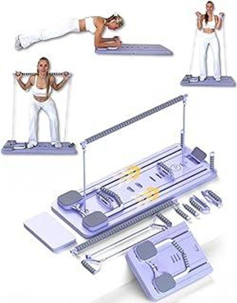Pilates Board I Reformer für Zuhause I 8-in-1 Fitness Board faltbar & tragbar I Bauchtrainer inkl. Knie Kissen, Widerstandsbändern & Pilates Bar ...