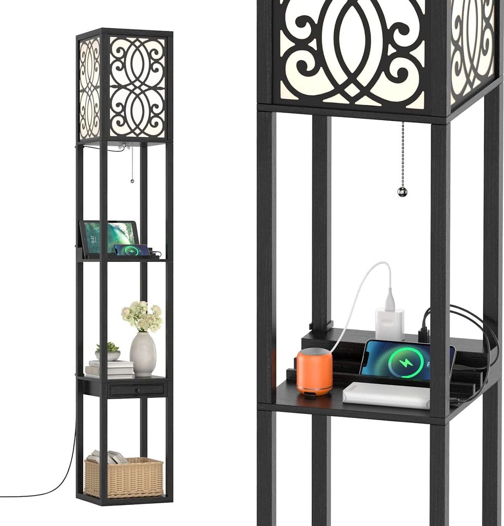 Stehleuchte Regal mit 3 Ebenen und 1 Schublade, USB-Ladeanschluss, Praktischer Zugschalter, Multifunktionale Stehleuchte für Wohnzimmer, Schlafzim...