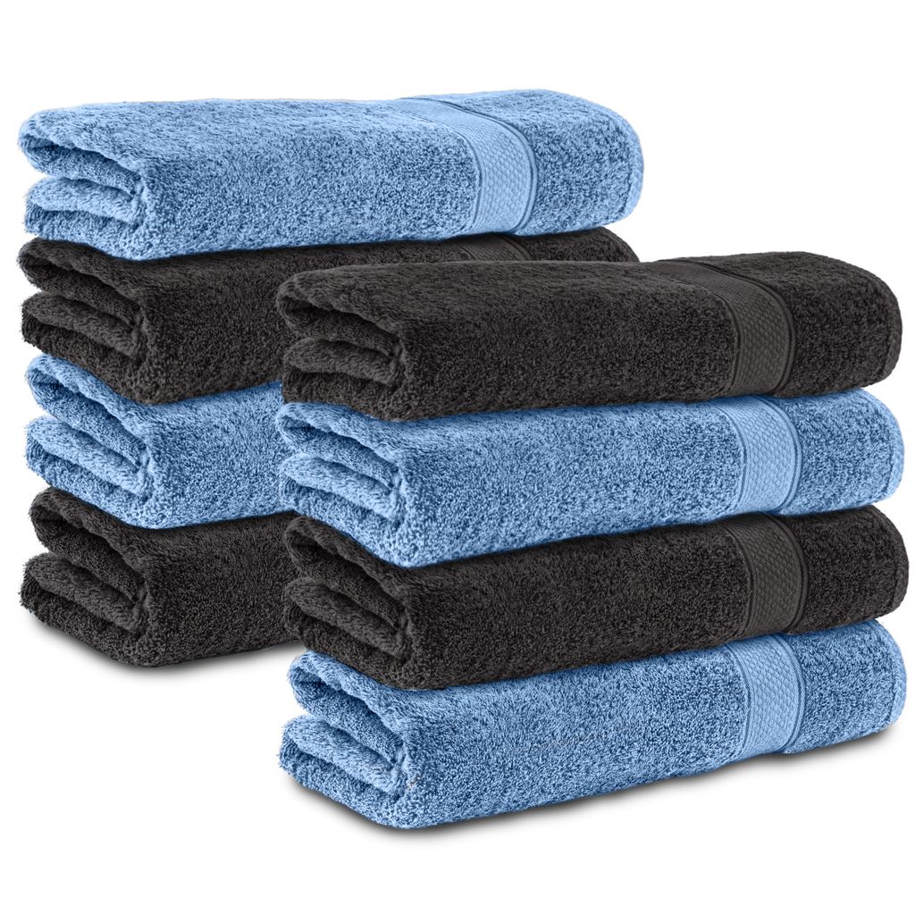 Komfortec 8er Duschtücher 70x140 cm Set aus 100% Baumwolle, 470g/m², Frottee, Weich, Schwarz/Hellblau