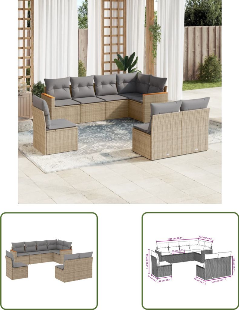 The Living Store 8-tlg. Garten-Sofagarnitur mit Kissen Beige Poly Rattan