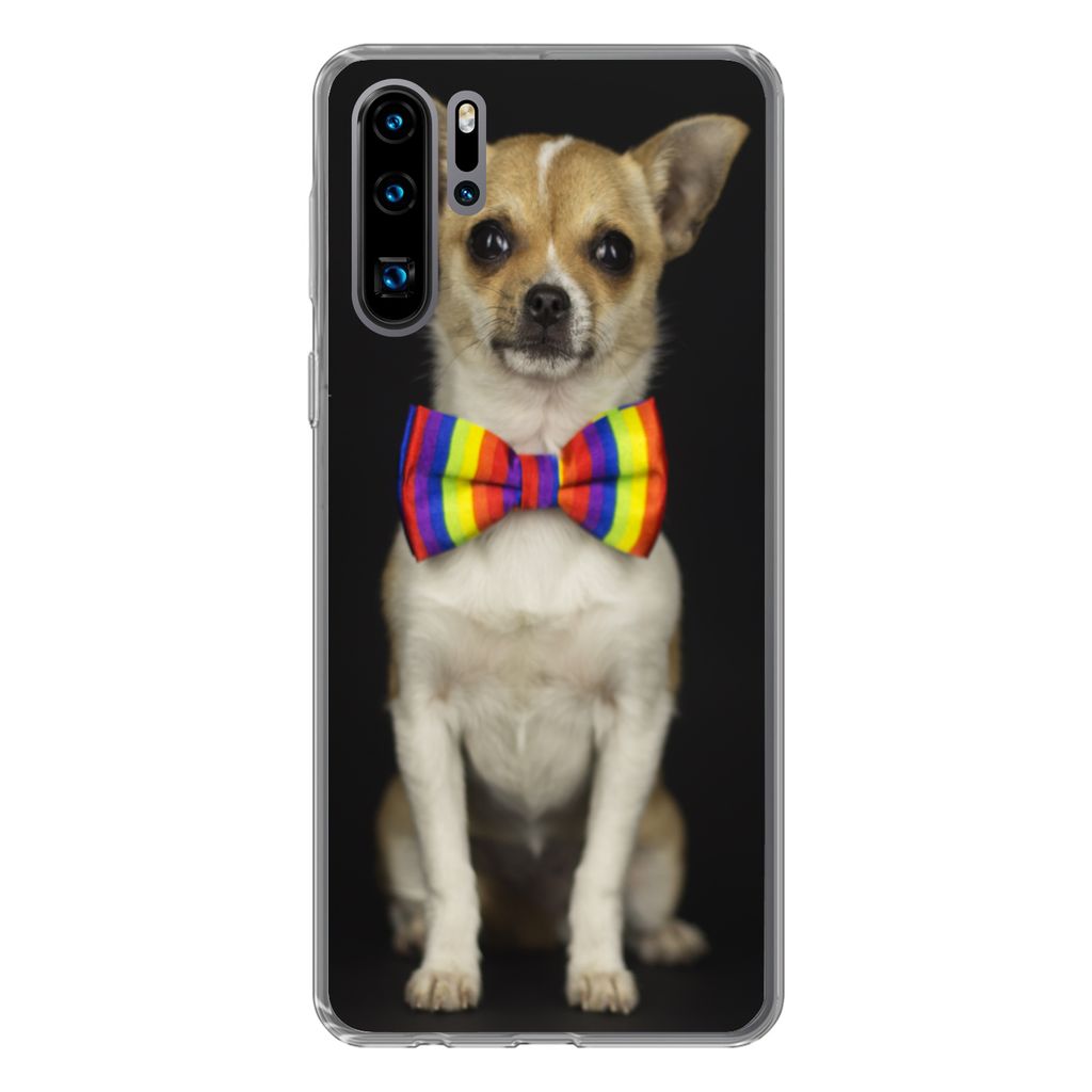 MuchoWow Handyhülle Schutzhülle Hülle für Huawei P30 Pro Hund - Fliege - Schwarz Silikon Softcase Handy Hülle