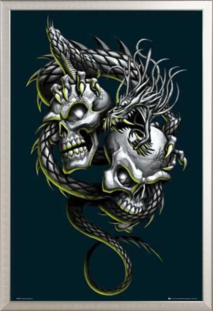 Poster Gotico Doppio Teschio con Cornice Shinsuke Alluminio Argento