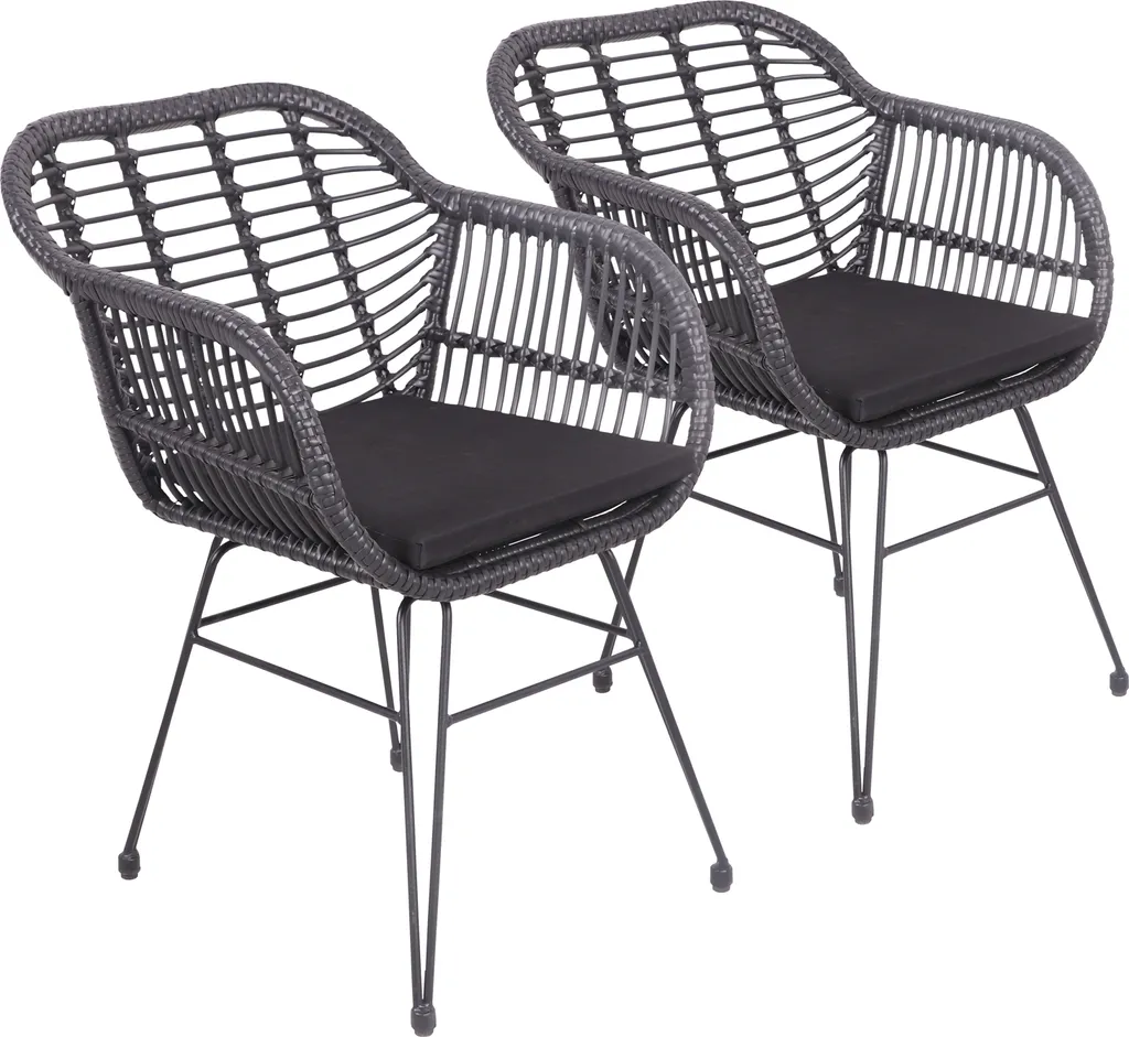 Fauteuils en rotin synthétique avec coussins d'assise noirs CINTA