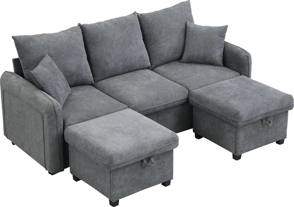 Canapé convertible en chenille avec rangement et pouf modulable Sweiko - 19
