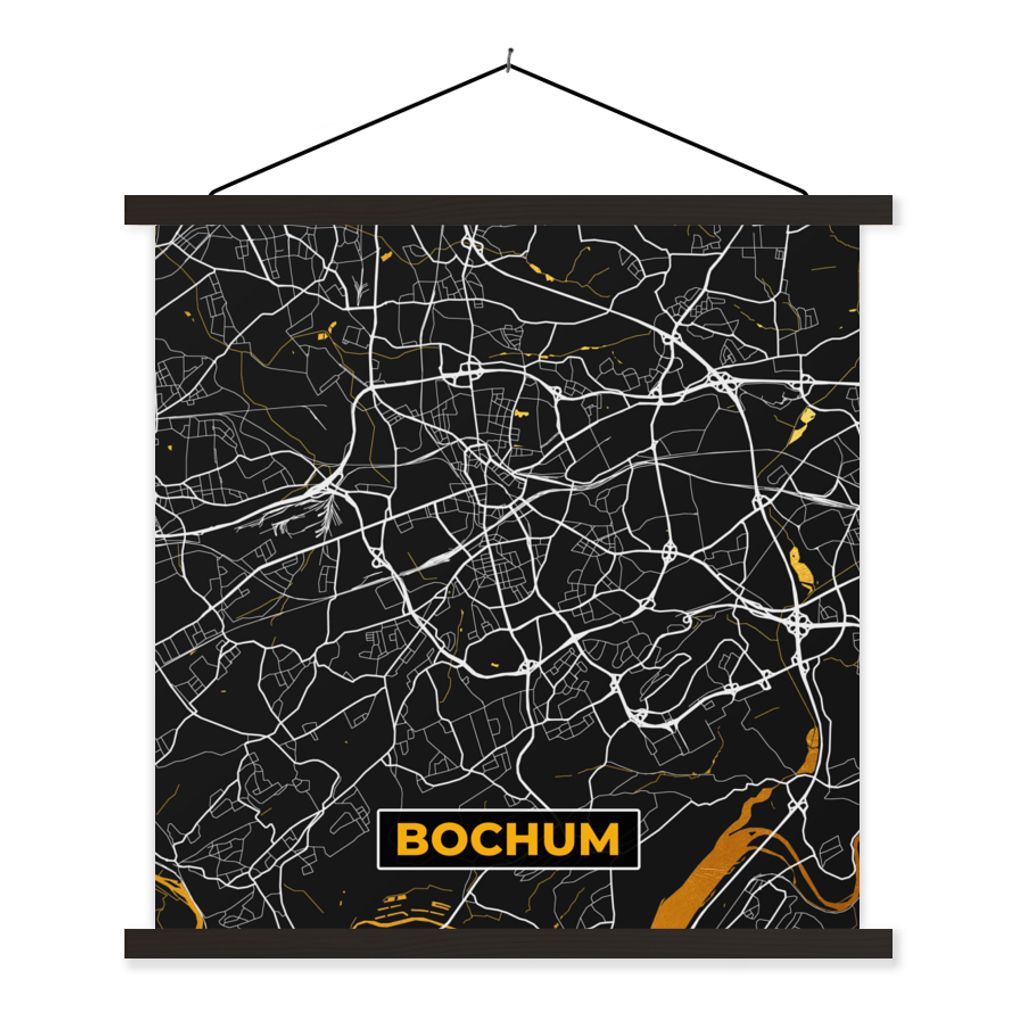 MuchoWow Textilposter Bochum - Stadtplan - Karte - Gold - Deutschland 60x60 cm mit schwarzem Rahmen - Posteraufhänger