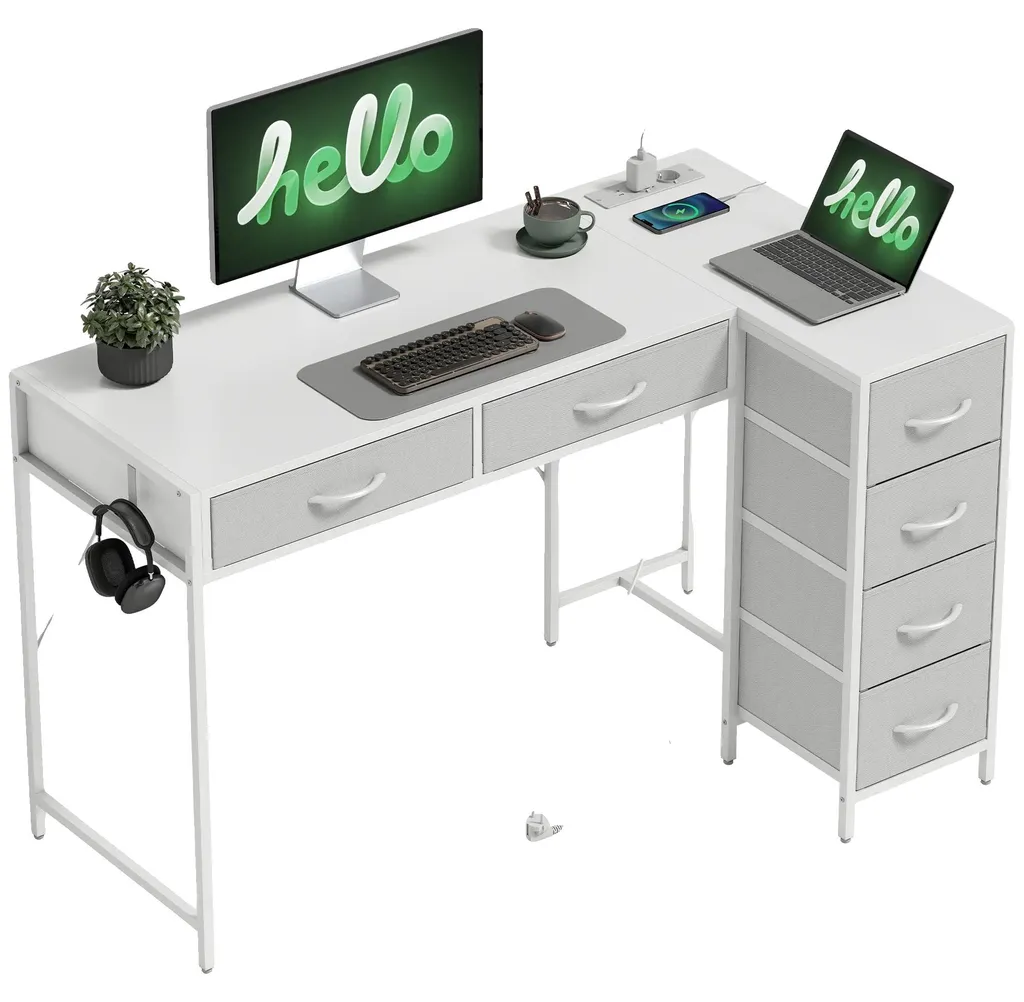 Bureau d'angle blanc en L avec ports USB intégrés série Oslo 140x120cm