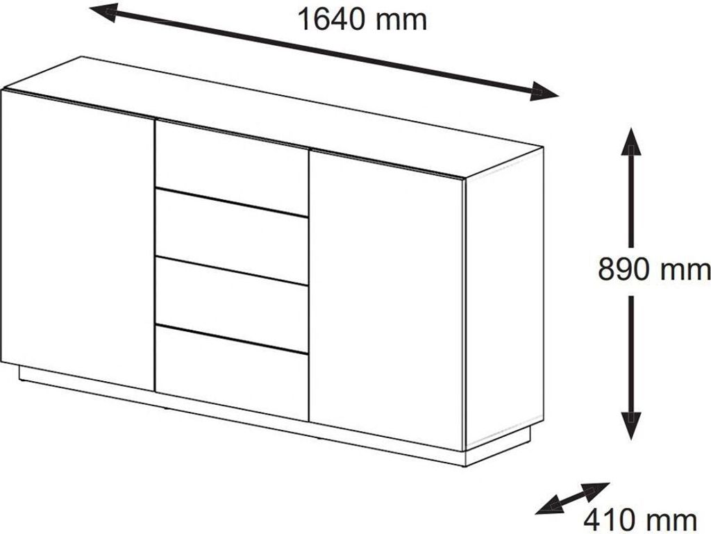 A line drawing of a sideboard with dimensions indicated.