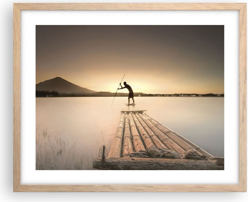 Gerahmtes Poster - Rahmen in heller Eiche - Floß Westen die Sonne - 50x40 cm - Wand Bild - Wanddeko - Wandbilder - Wandposter - Bilderrahmen - Bil...