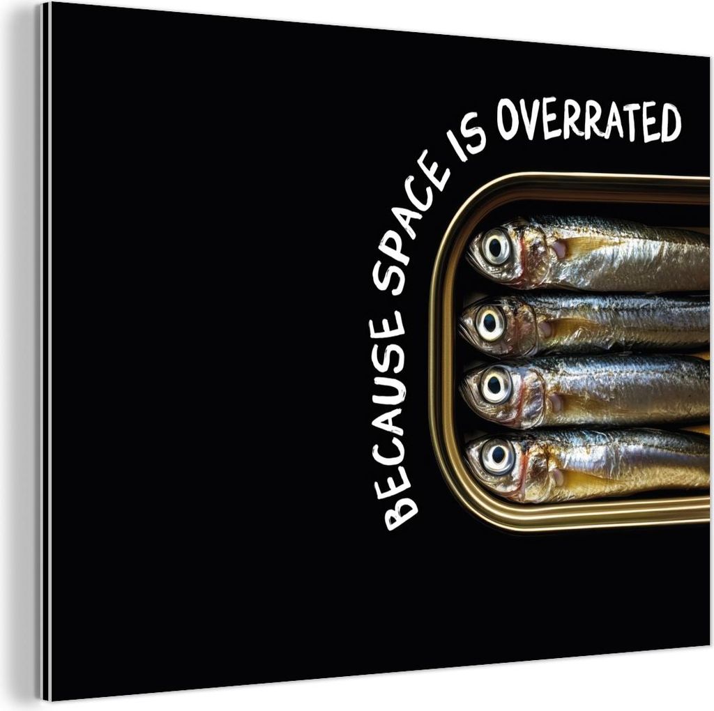 MuchoWow Wanddekoration Metall Metallbild Wandkunst 80x60 cm Sardinen - Text - Fisch - Konserven MuchoWow Aluminium Gemälde - Alubild