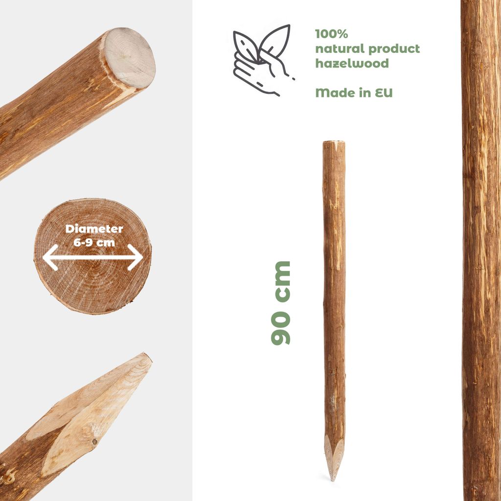 BOGATECO 3 x Haselnuss Staketenzaun Pfosten | Hšhe 90 cm | Produktbild 