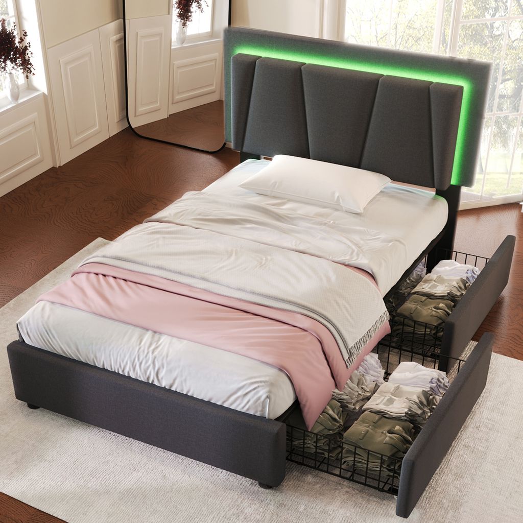 MODFU Polsterbett Funktionelles 90 x 200 cm mit LED-Beleuchtung und Höhenverstellbarem Kopfteil, Einzelbett Stauraumbett mit 2 Schubladen, Leinens...