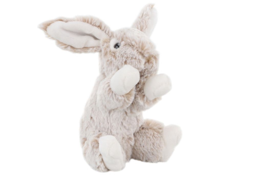 A plush rabbit toy is shown sitting against a white background.