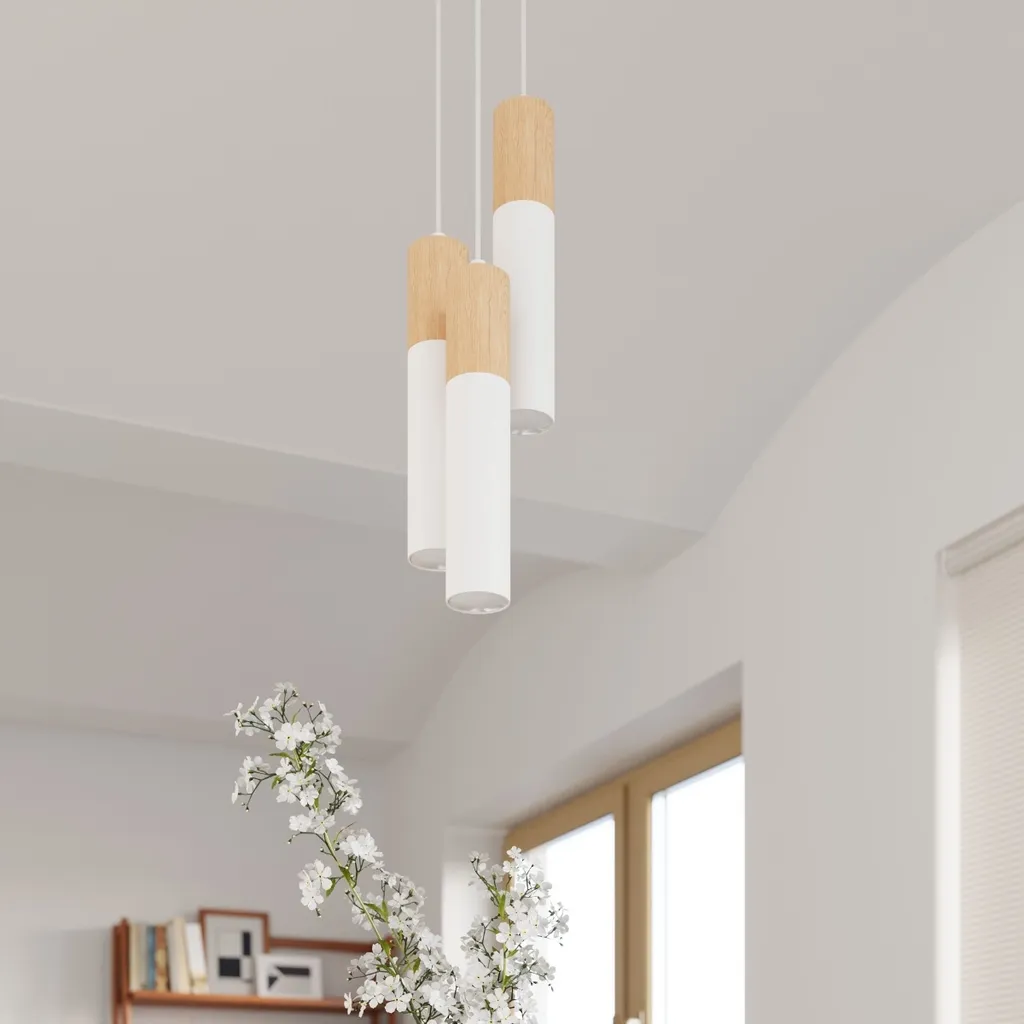 Lustre 3 spots MARCOS pour grand salon - Solution éclairage bois blanc - 8