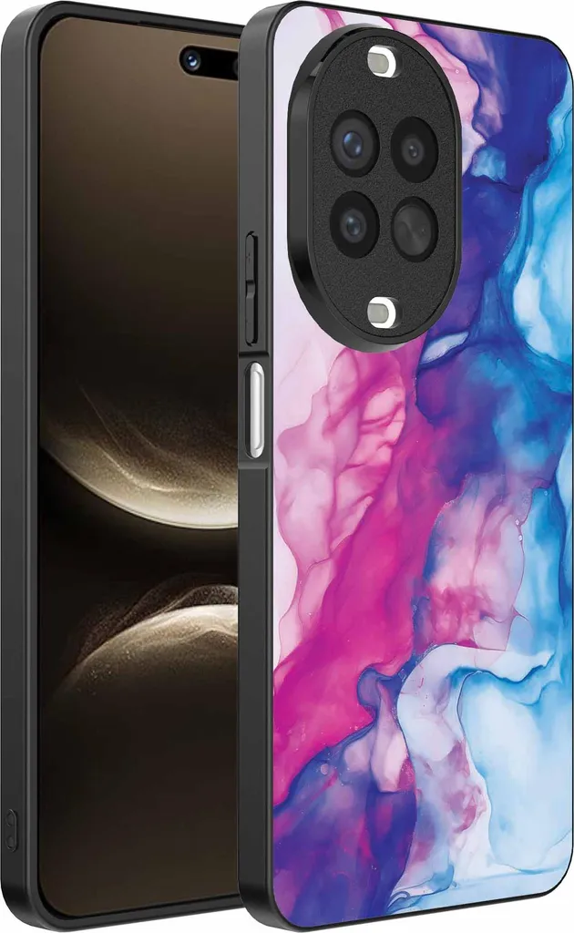 BRAND SET Custodia per Realme X50 5G Marmo Progettato Cover Posteriore in Vetro Temperato Protezione Antiurto in Silicone TPU Case per Realme X50 5G-Rosa Blu