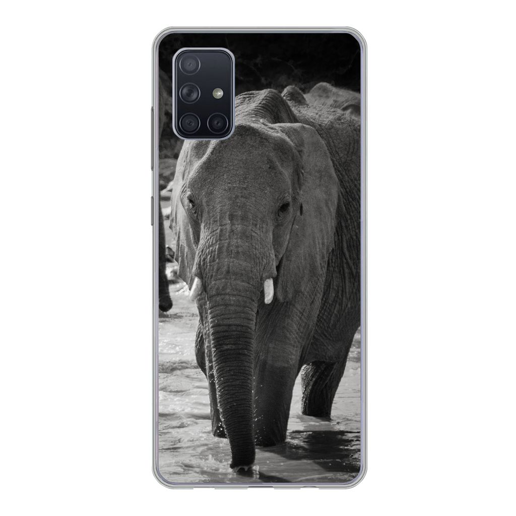 MuchoWow Handyhülle Schutzhülle Hülle für Samsung Galaxy A71 Elefant - Tiere - Wasser - Schwarz und weiß Silikon Softcase Handy Hülle - Kar...